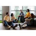 Confident team of sales representatives, managers during team building training in the office
