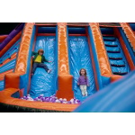 Portrait of happy excited children jumping down on inflatable slide
